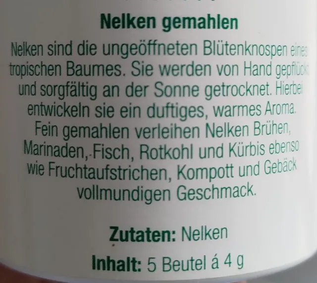 Fuchs Nelken gemahlen 20 g, ingredients of pack