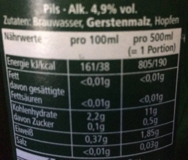 Beck's Pils 0,5 l, nutrition of pack