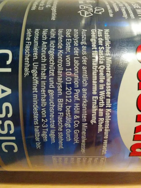 Saskia Classic Natural Mineral Water 1.5 l, ingredients of pack