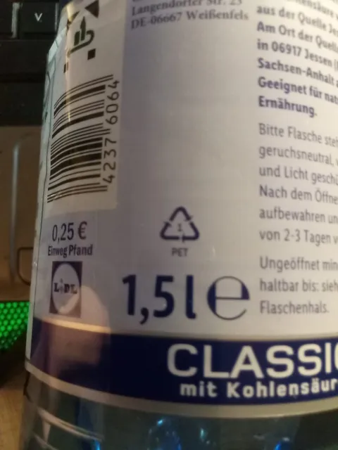 Saskia Classic Natural Mineral Water Quelle Jessen 1.5 l, back of pack