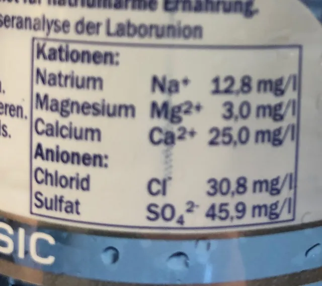 Saskia Classic Natural Mineral Water Quelle Löningen, ingredients of pack