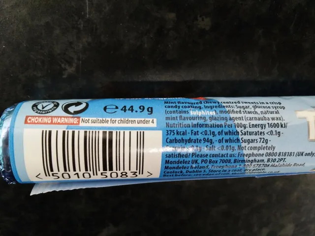 Trebor Softmints Spearmint 44.9 g, back of pack