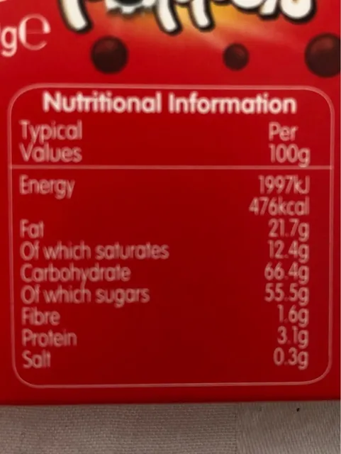 Poppets Toffee 39 g, nutrition of pack