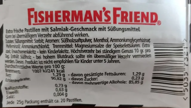 Fisherman's Friend Salmiak ohne Zucker 25 g, nutrition of pack
