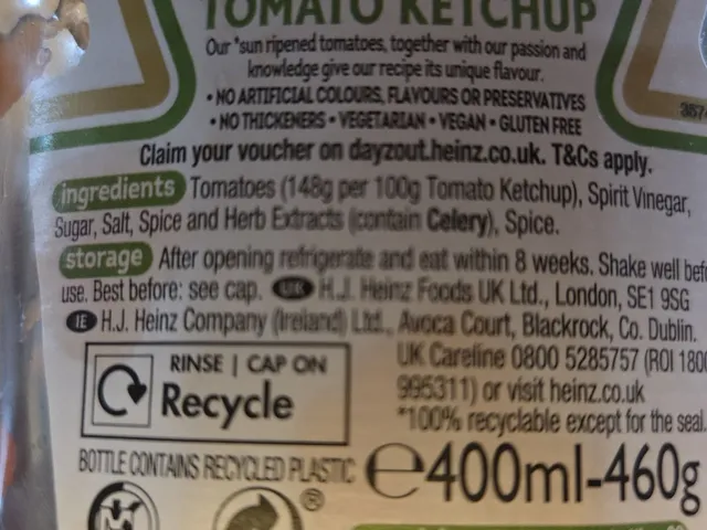 Heinz Tomato Ketchup 460 g, ingredients of pack