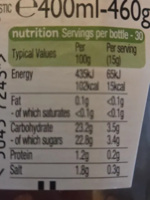 Heinz Tomato Ketchup 460 g, nutrition of pack