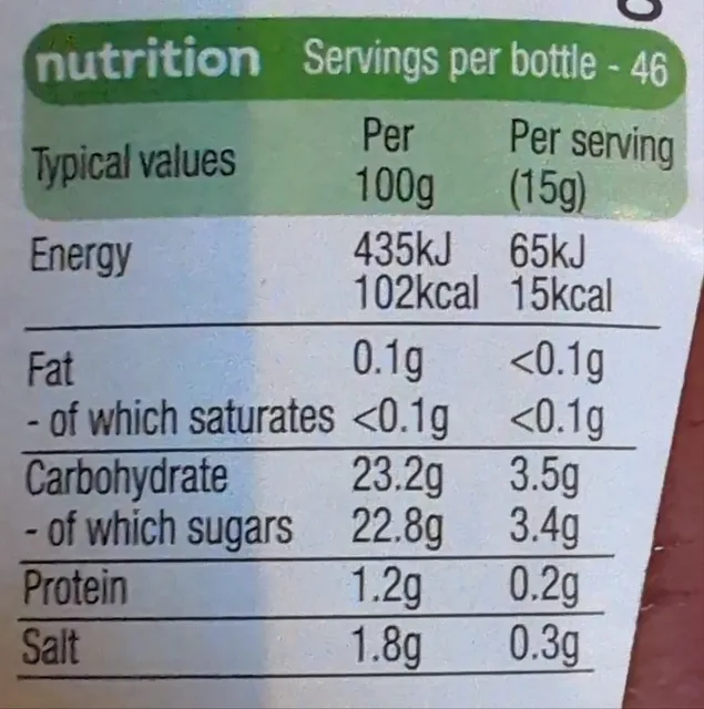 Heinz Tomato Ketchup 700 g, nutrition of pack