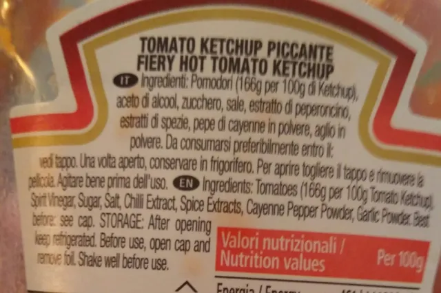 Heinz Tomato Ketchup Piccante 255 g, ingredients of pack