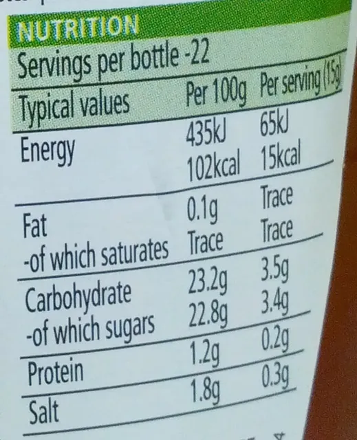 Heinz Tomato Ketchup 342 g, nutrition of pack