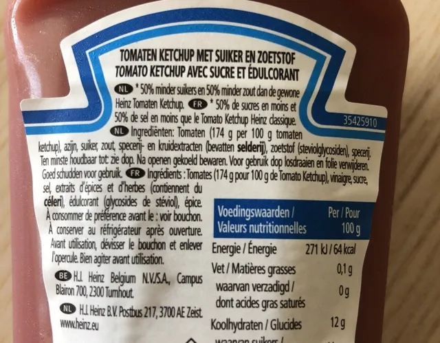 Heinz Tomato Ketchup 50% Less Sugar & Salt 235 g, ingredients of pack