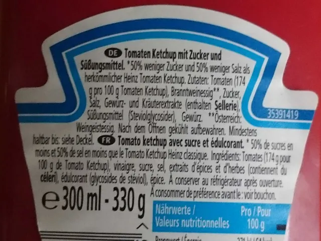 Heinz Kids Tomato Ketchup 330 g, ingredients of pack