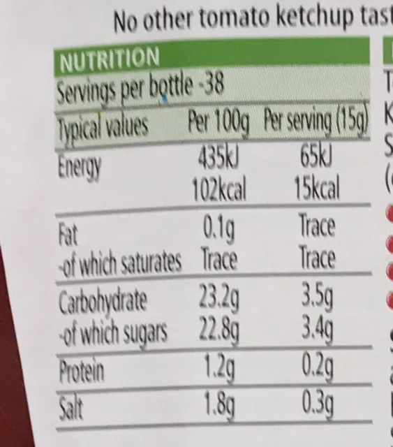 Heinz Tomato Ketchup 20% Extra Free 570 g, nutrition of pack