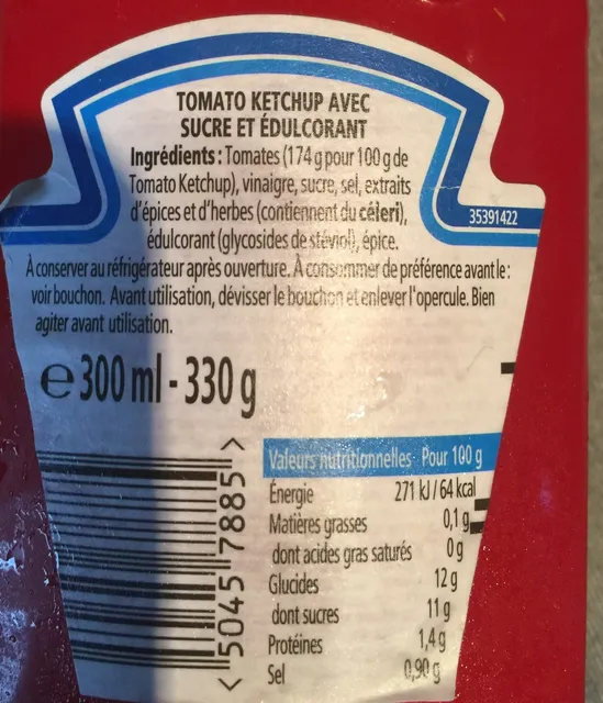 Heinz Tomato Ketchup pour les P'tits 330 g, ingredients of pack