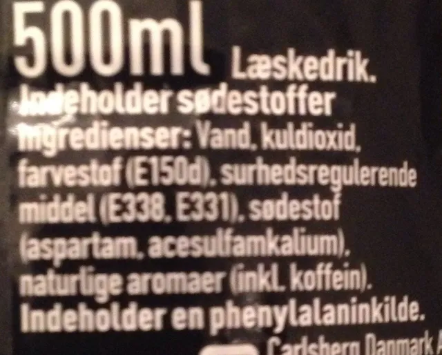 Coca-Cola Zero Sugar 500 ml, ingredients of pack