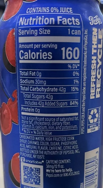 Pepsi Wild Cherry 12 fl oz, nutrition of pack