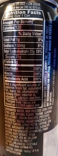 Mountain Dew AMP Energy Cherry Blast 16 fl oz, ingredients of pack