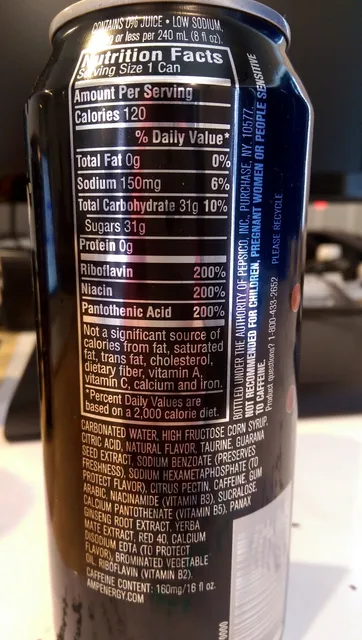 Mountain Dew AMP Energy Cherry Blast 16 fl oz, nutrition of pack