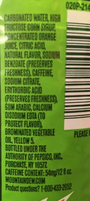 Mountain Dew 1.25 L, ingredients of pack