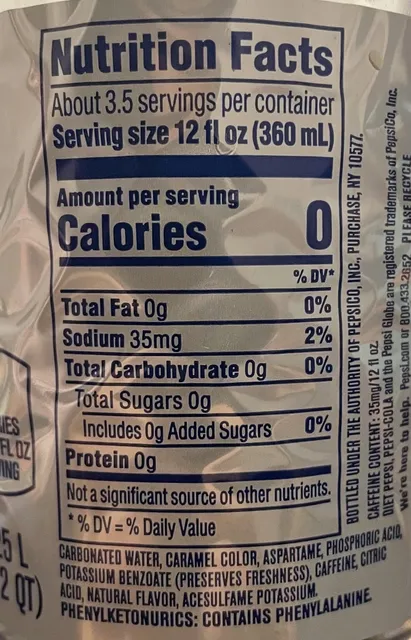 Diet Pepsi 1.25 L, ingredients of pack