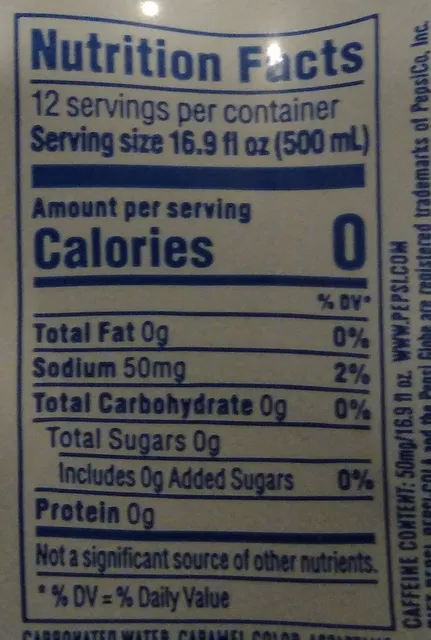 Diet Pepsi 12 × 16.9 fl oz bottles, nutrition of pack