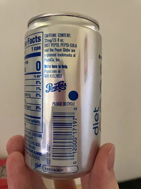 Diet Pepsi 7.5 fl oz, back of pack