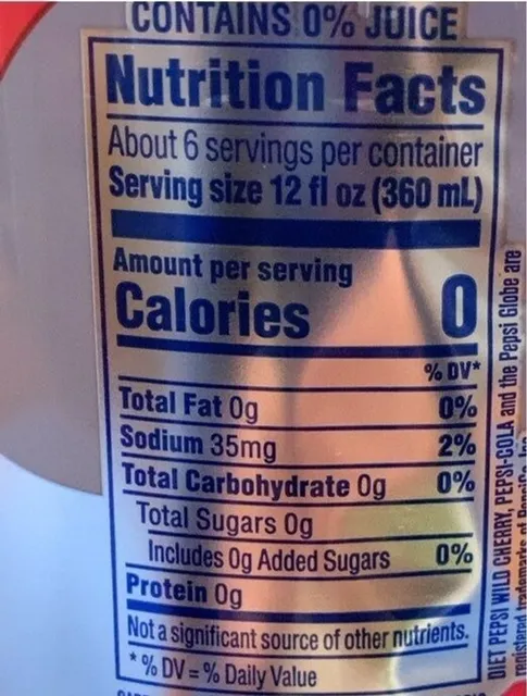 Diet Pepsi Wild Cherry 2 L, nutrition of pack