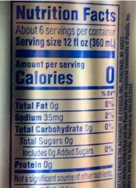 Diet Pepsi 2 L, nutrition of pack