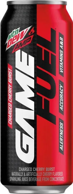 Mtn Dew Amp Game Fuel Charged Cherry Burst 16 fl oz, front of pack