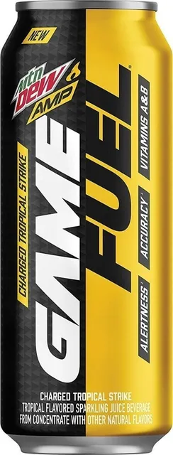 Mtn Dew Amp Game Fuel Charged Tropical Strike 16 fl oz, front of pack