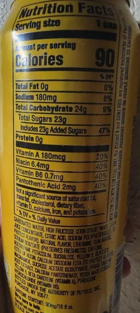 Mtn Dew Amp Game Fuel Charged Tropical Strike 16 fl oz, nutrition of pack