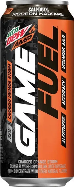 Mtn Dew Amp Game Fuel Charged Orange Storm 16 fl oz, front of pack