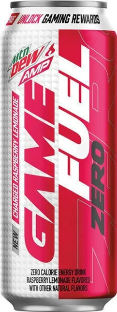 Mtn Dew Amp Game Fuel Zero Charged Raspberry Lemonade 16 fl oz, front of pack