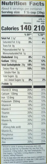 Cheerios 8.9 oz, nutrition of pack