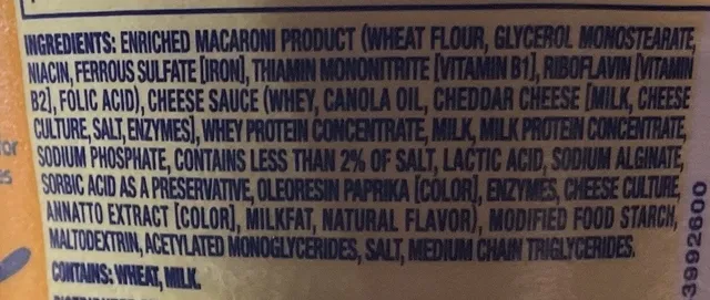Velveeta Shells & Cheese Original 2.39 oz, ingredients of pack