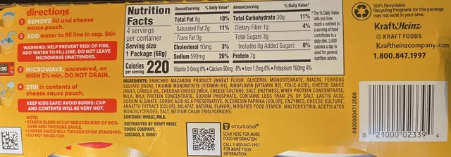Velveeta Shells & Cheese Original 4 × 2.39 oz, ingredients of pack
