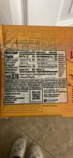 Velveeta Shells & Cheese Original 36 oz, nutrition of pack