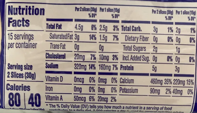Kraft Singles Extra Thin American 30 Slices 16 oz, nutrition of pack