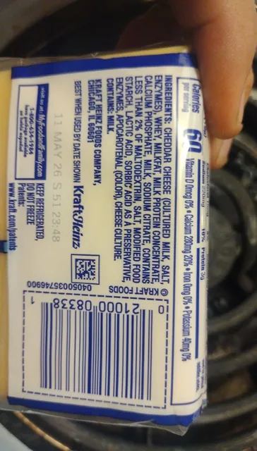 Kraft Singles Sharp Cheddar 16 Slices 10.7 oz, ingredients of pack