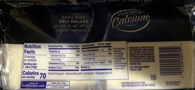 Kraft Deli Deluxe White American Cheese Slices 16 oz, nutrition of pack