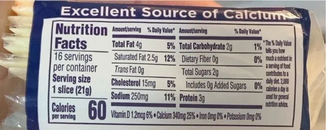 Kraft Singles White American 16 Slices 12 oz, nutrition of pack