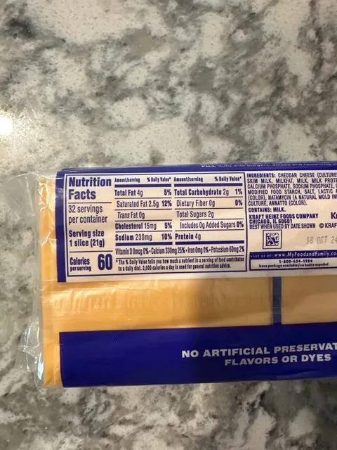 Kraft Singles American 32 Slices 24 oz, nutrition of pack