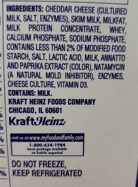 Kraft Singles American 96 Slices 4 lb, ingredients of pack