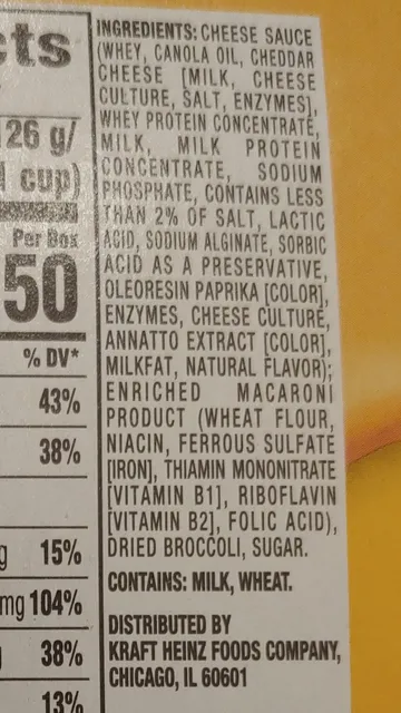 Velveeta Shells & Cheese Broccoli 9.4 oz, ingredients of pack