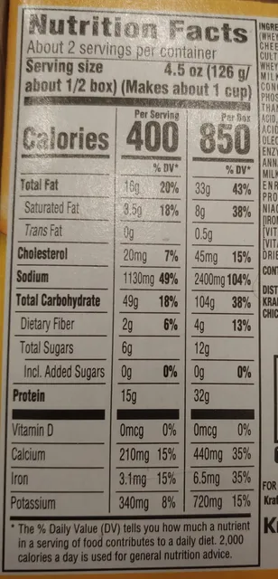 Velveeta Shells & Cheese Broccoli 9.4 oz, nutrition of pack