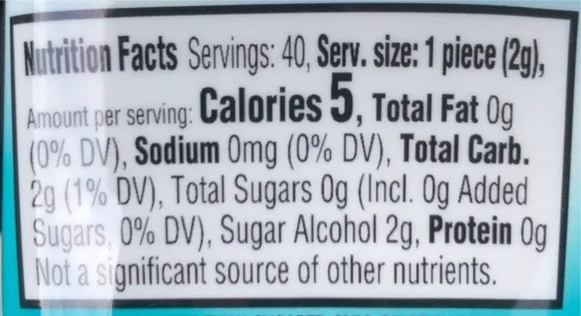 Extra Refreshers Polar Ice Sugarfree Gum 40 pieces, nutrition of pack