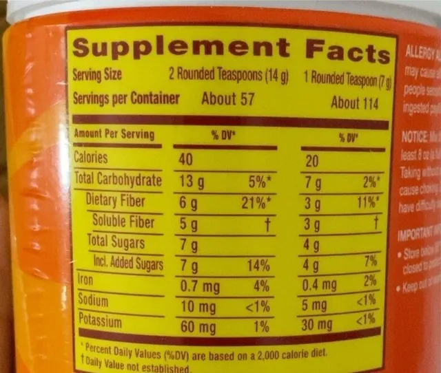 Metamucil 4-in-1 Fiber Real Sugar Unflavored Coarse Psyllium Powder 798 g, nutrition of pack