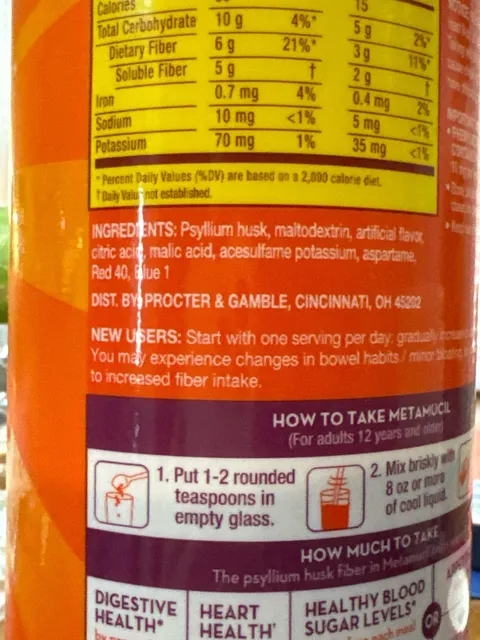 Metamucil 4-in-1 Fiber Sugar-Free Berry Psyllium Powder 660 g, ingredients of pack