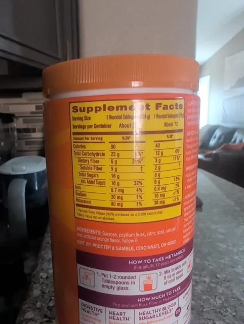 Metamucil 4-in-1 Fiber Real Sugar Orange Psyllium Powder 861 g, nutrition of pack