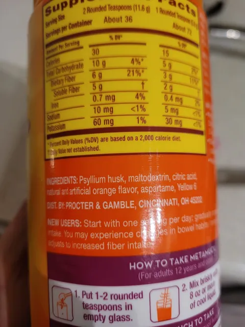 Metamucil 4-in-1 Fiber Sugar-Free Orange Psyllium Powder 425 g, ingredients of pack