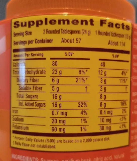 Metamucil 4-in-1 Fiber Real Sugar Orange Psyllium Powder 1.36 kg, nutrition of pack